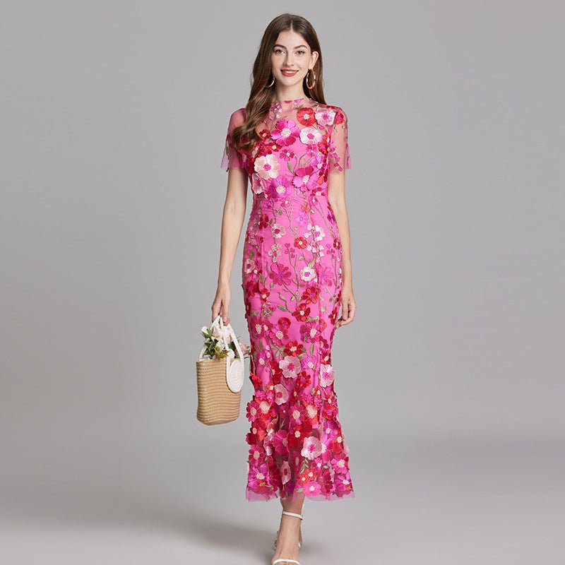 Three-dimensional Flower Mesh Embroidery Dress - IVOIRART.COM