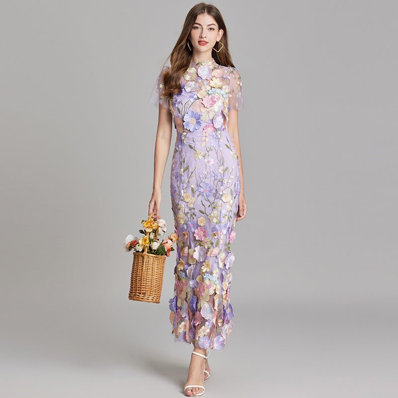 Three-dimensional Flower Mesh Embroidery Dress - IVOIRART.COM