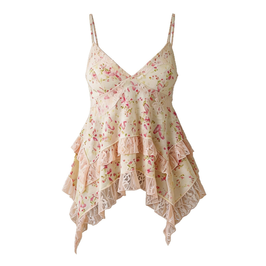 Top style rétro fleuri en mousseline avec bretelles à volants en dentelle - IVOIRART.COM