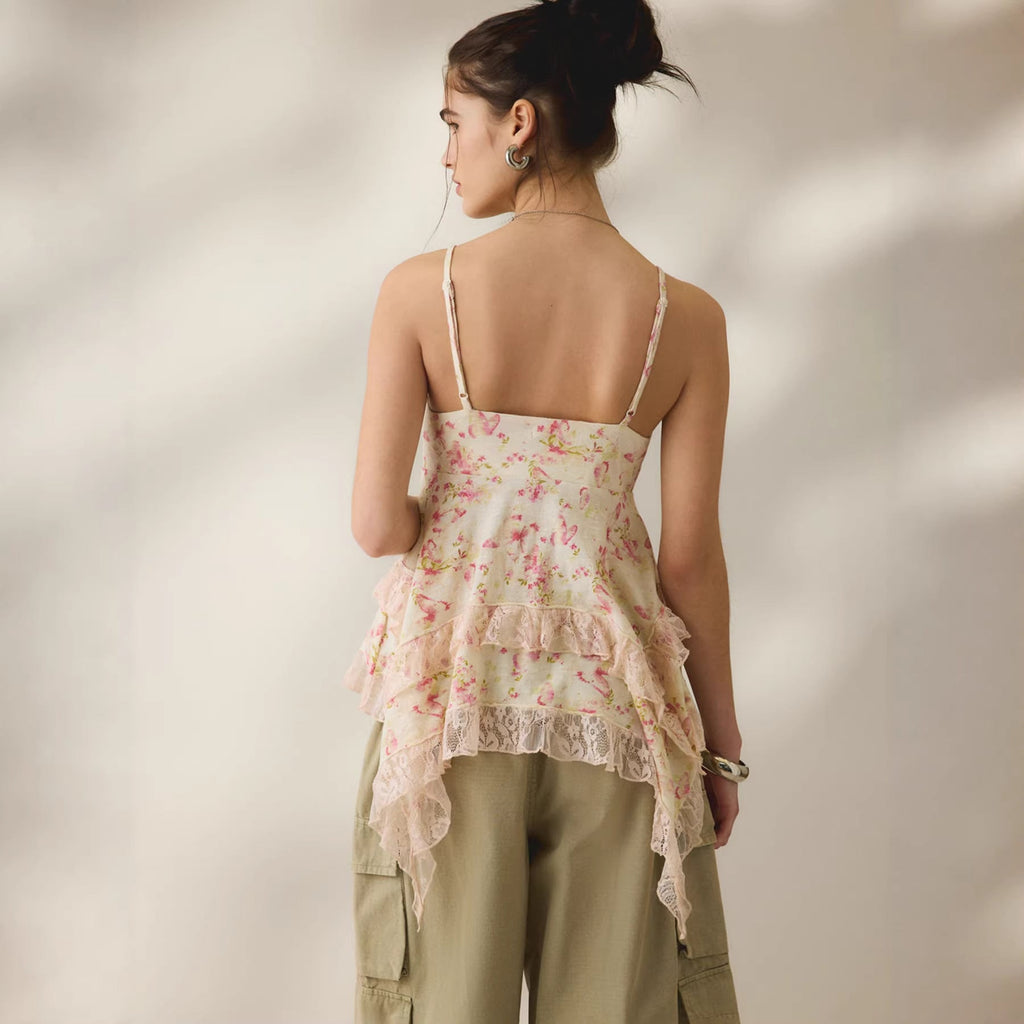 Top style rétro fleuri en mousseline avec bretelles à volants en dentelle - IVOIRART.COM