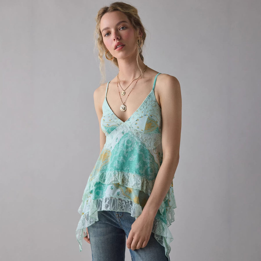 Top style rétro fleuri en mousseline avec bretelles à volants en dentelle - IVOIRART.COM