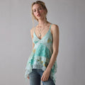 Top style rétro fleuri en mousseline avec bretelles à volants en dentelle - IVOIRART.COM