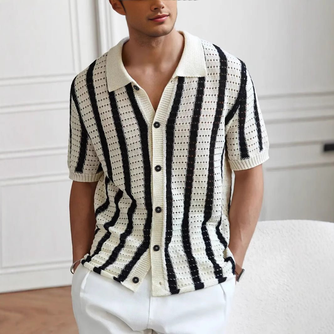 Top tricot été ajouré à rayures verticales avec col revers — léger et décontracté - IVOIRART.COM