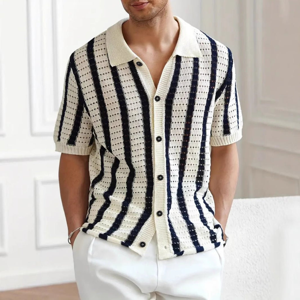 Top tricot été ajouré à rayures verticales avec col revers — léger et décontracté - IVOIRART.COM