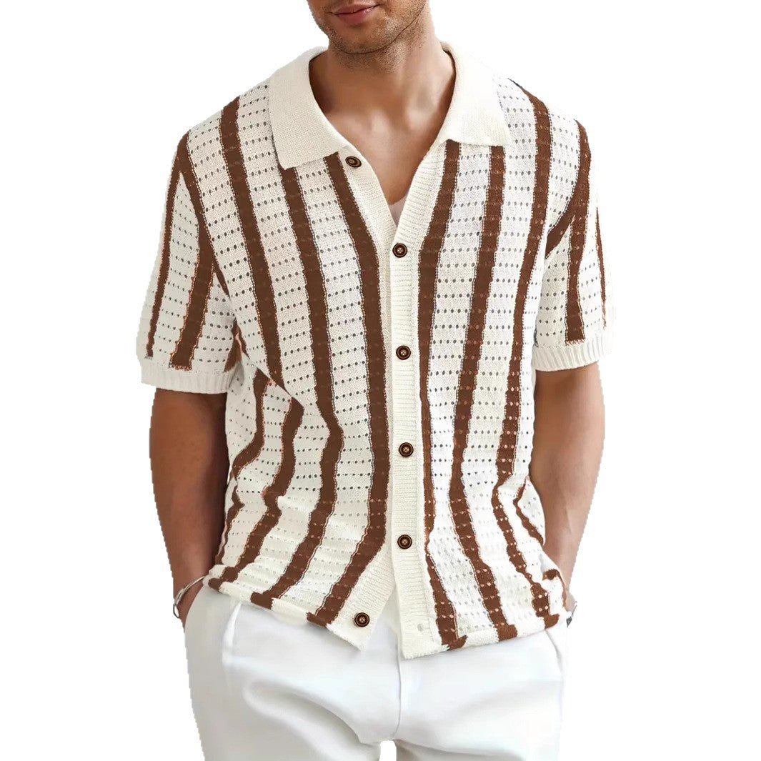 Top tricot été ajouré à rayures verticales avec col revers — léger et décontracté - IVOIRART.COM