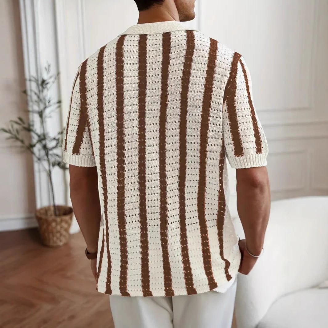 Top tricot été ajouré à rayures verticales avec col revers — léger et décontracté - IVOIRART.COM