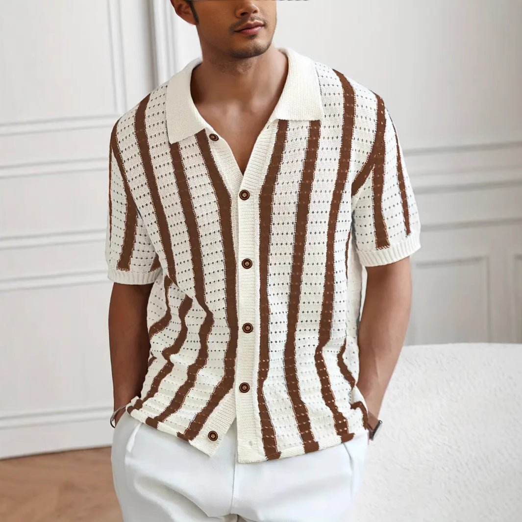 Top tricot été ajouré à rayures verticales avec col revers — léger et décontracté - IVOIRART.COM
