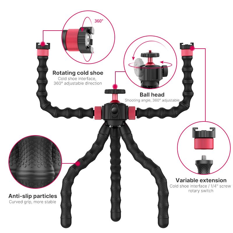 Trépied Caméra Pieuvre Flexible avec Support Ajustable en Alliage d'Aluminium - IVOIRART.COM