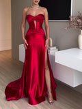 Tube Top Slit Red Extra Long Evening Dress - IVOIRART.COM