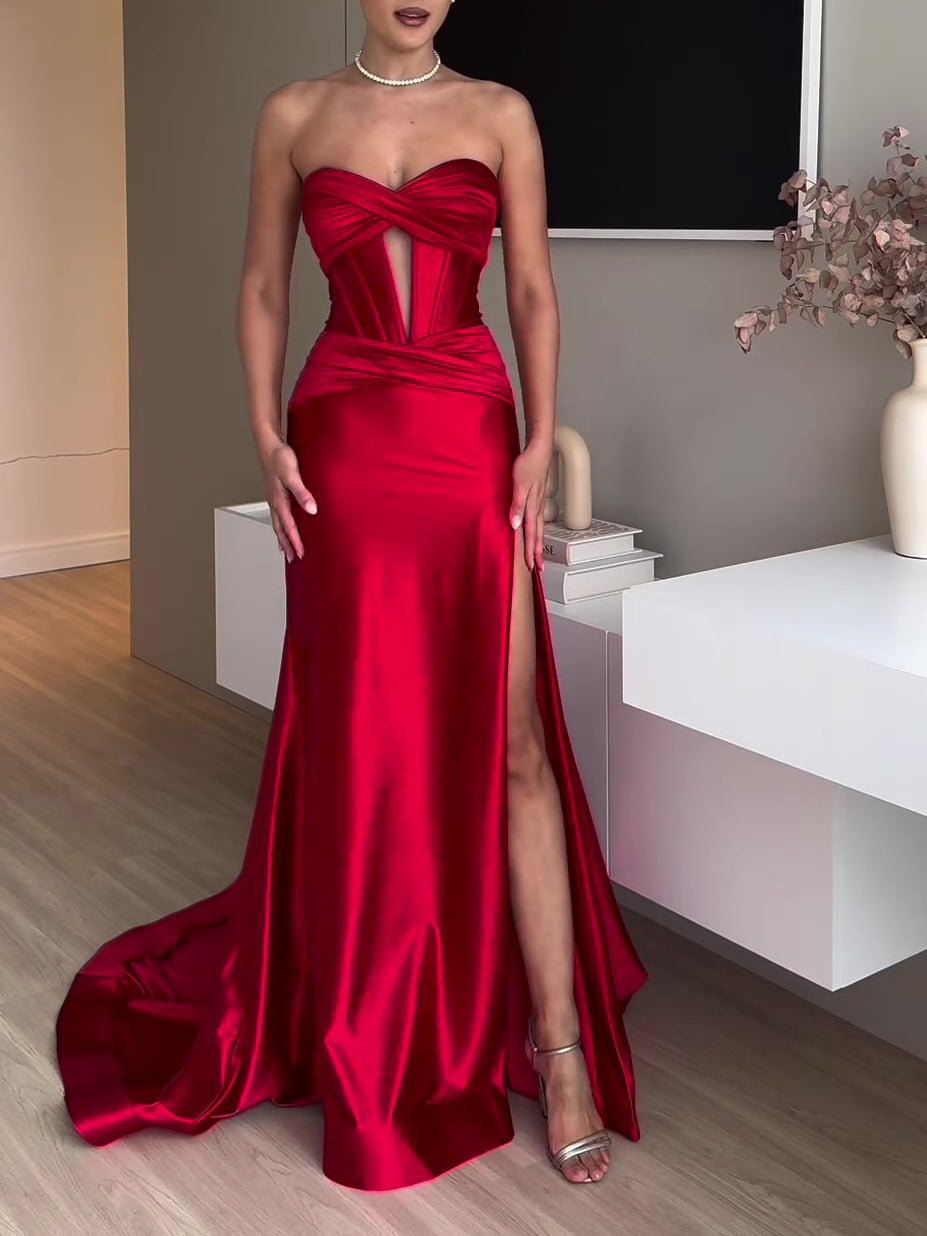 Tube Top Slit Red Extra Long Evening Dress - IVOIRART.COM