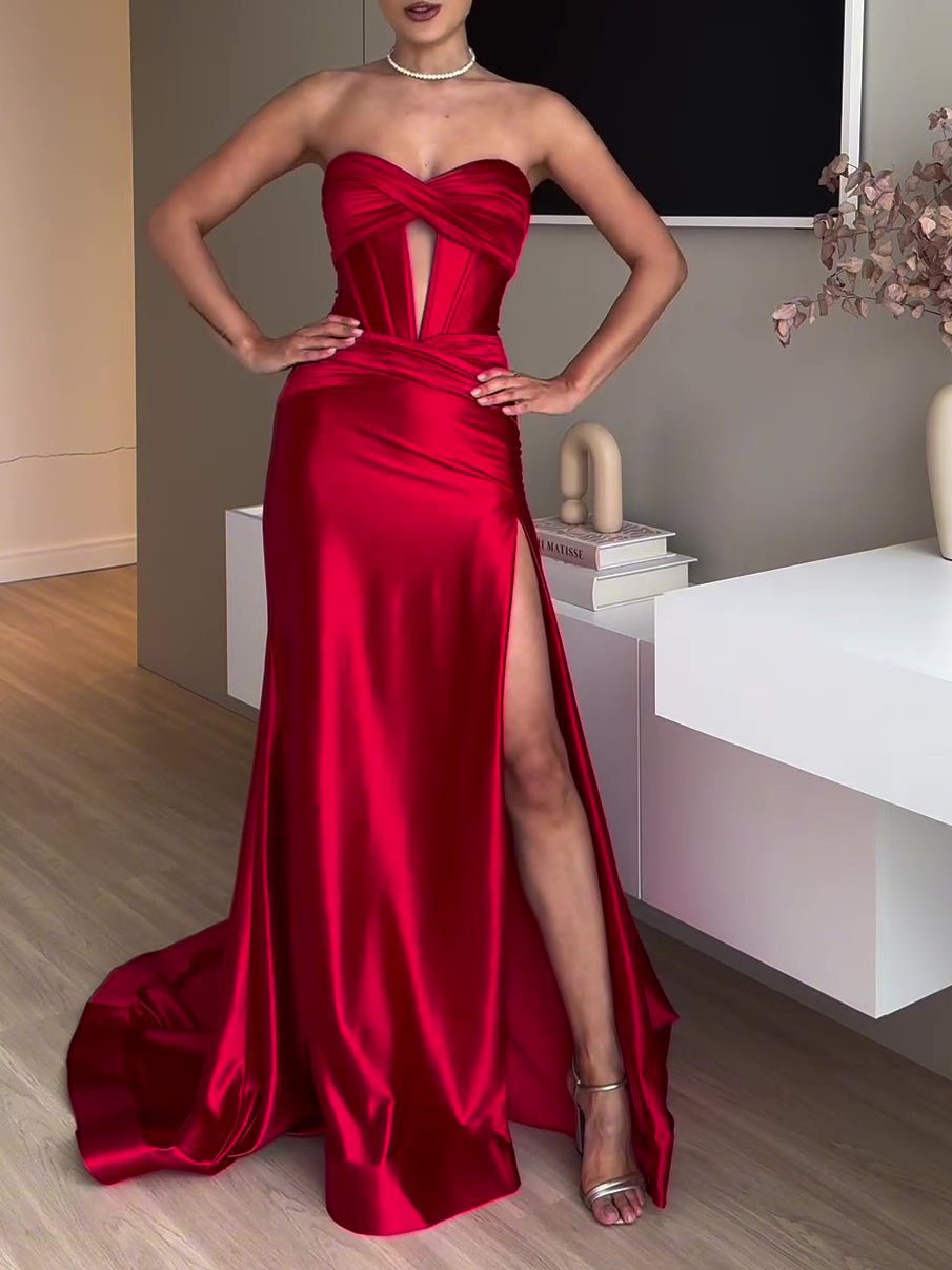 Tube Top Slit Red Extra Long Evening Dress - IVOIRART.COM