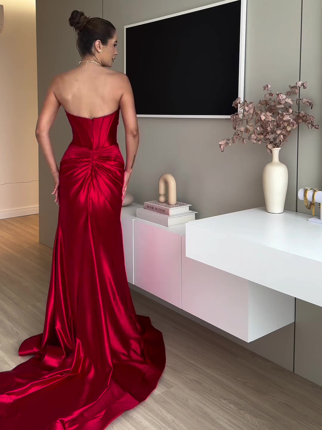 Tube Top Slit Red Extra Long Evening Dress - IVOIRART.COM
