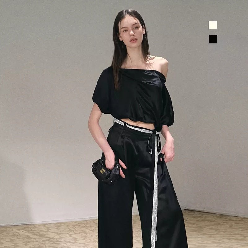 Two-piece Set Off-shoulder Top With Lace Belt And Wide-leg Pants - IVOIRART.COM