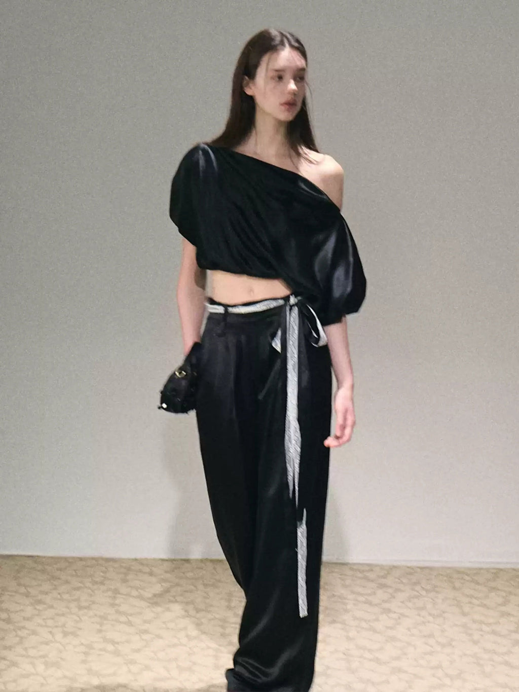 Two-piece Set Off-shoulder Top With Lace Belt And Wide-leg Pants - IVOIRART.COM