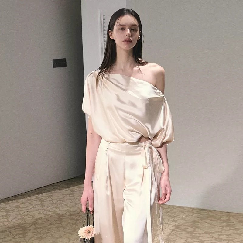 Two-piece Set Off-shoulder Top With Lace Belt And Wide-leg Pants - IVOIRART.COM