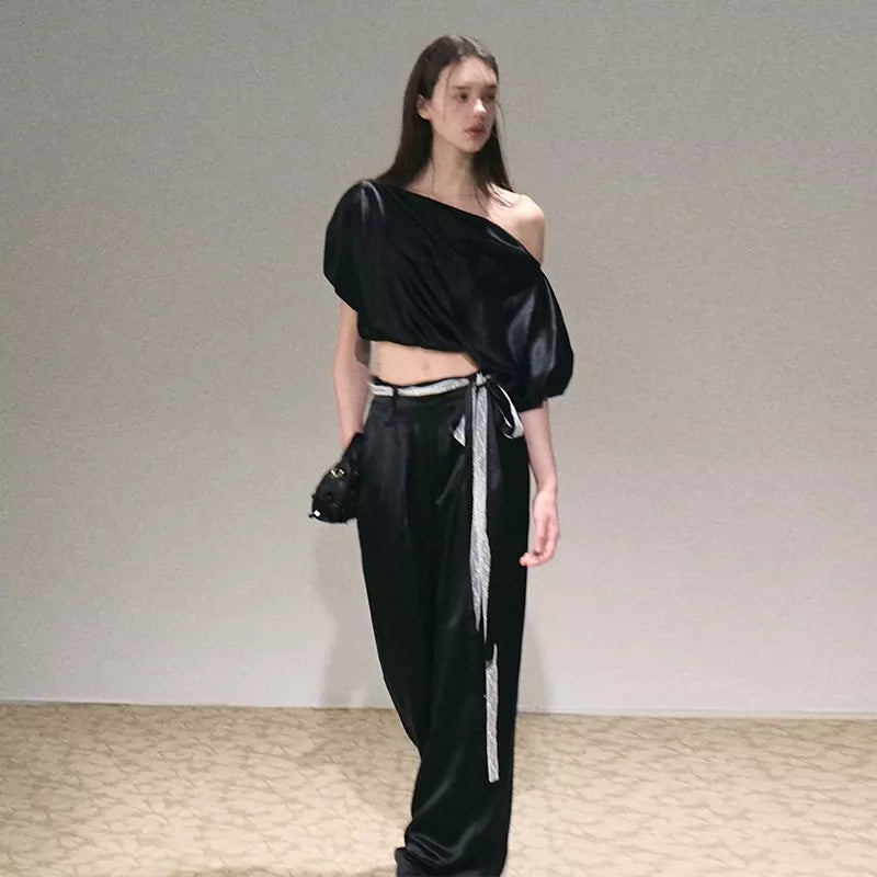 Two-piece Set Off-shoulder Top With Lace Belt And Wide-leg Pants - IVOIRART.COM