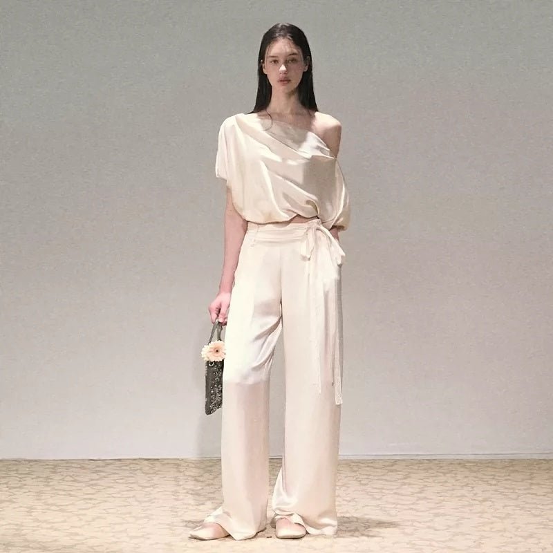 Two-piece Set Off-shoulder Top With Lace Belt And Wide-leg Pants - IVOIRART.COM