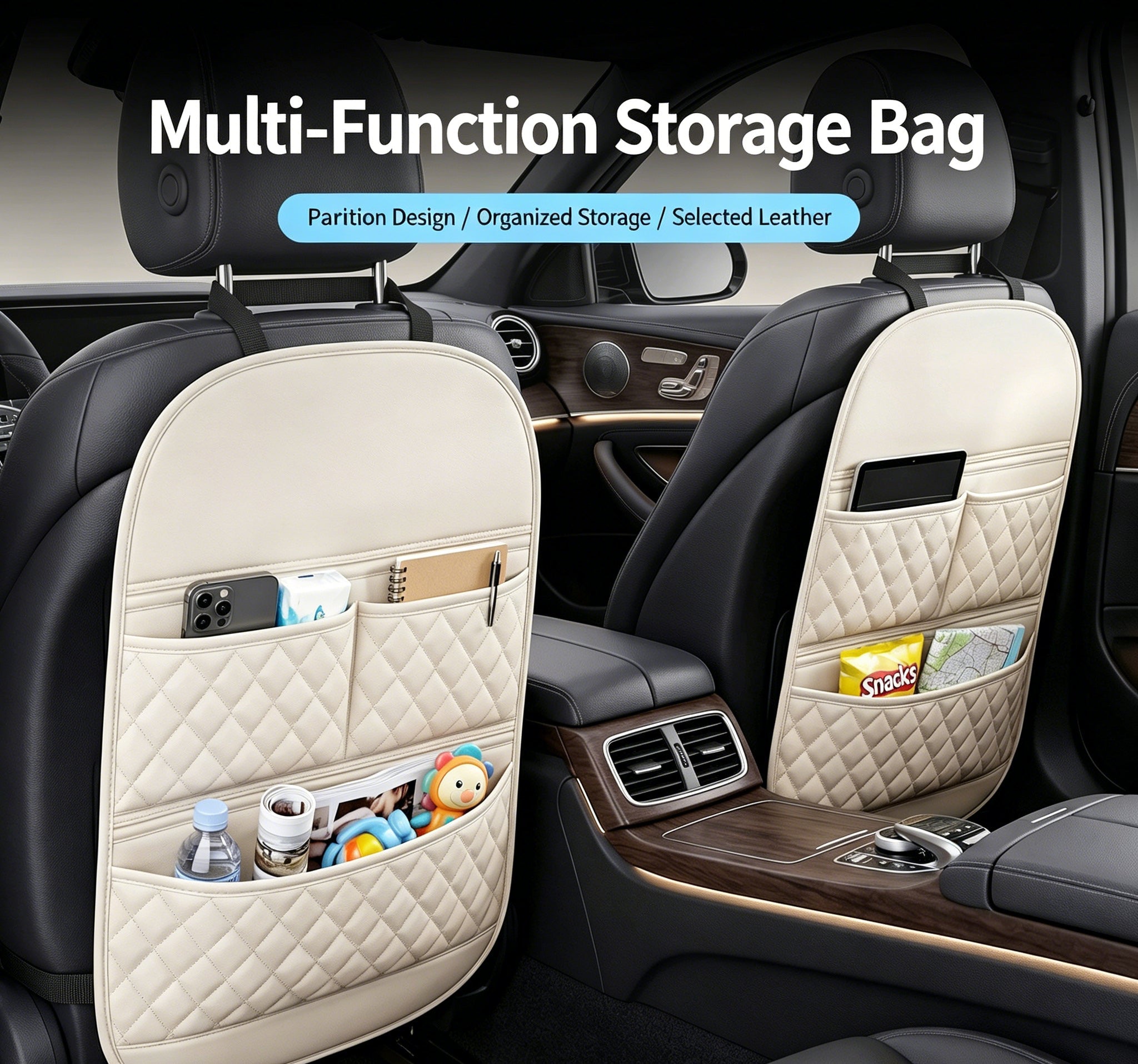 Universal Multi-Functional Car Leather Storage Organizer, Kids Seat Back Kick Mat, Car Rear Seat Hanging Storage Bag, Auto Interior Accessories - IVOIRART.COM