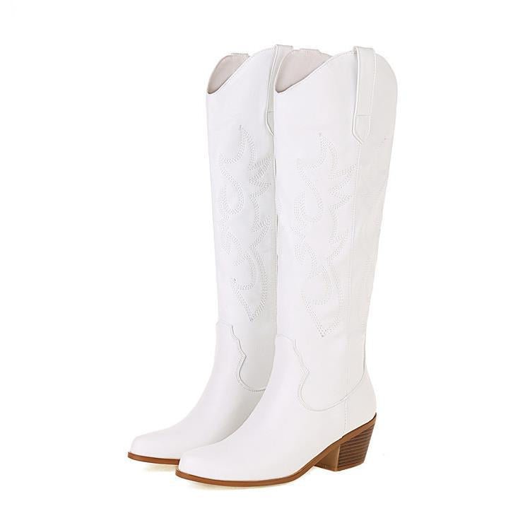 V Cut Western Cowboy Boot Women's High Heel Pointed Toe Knight Boots Below The Knee Boots Slim High - IVOIRART.COM