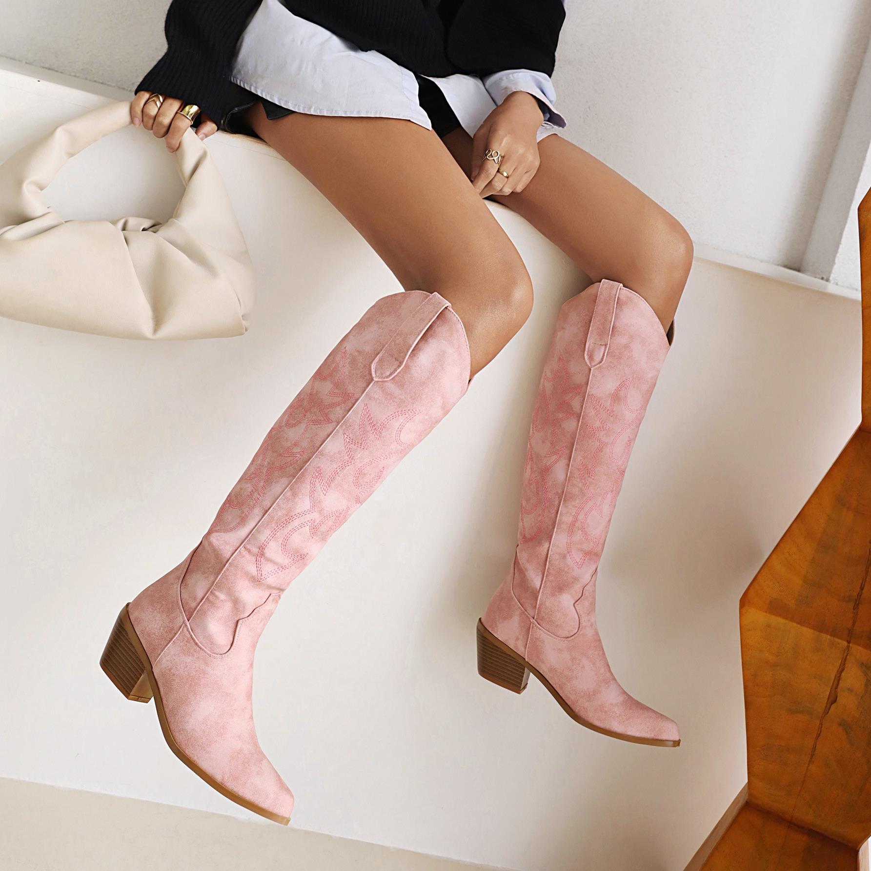 V Cut Western Cowboy Boot Women's High Heel Pointed Toe Knight Boots Below The Knee Boots Slim High - IVOIRART.COM