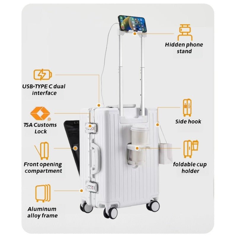 Valise à coque aluminium 20 et 24 pouces, compartiment avant, serrure TSA, roues silencieuses et pivotantes, parfaite pour voyages d'affaires - IVOIRART.COM