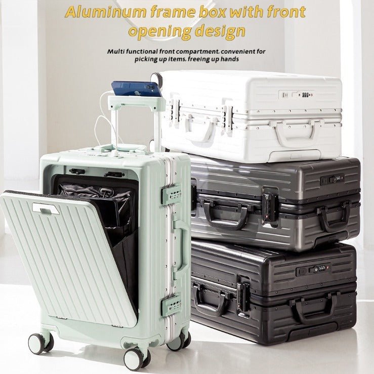 Valise à coque aluminium 20 et 24 pouces, compartiment avant, serrure TSA, roues silencieuses et pivotantes, parfaite pour voyages d'affaires - IVOIRART.COM