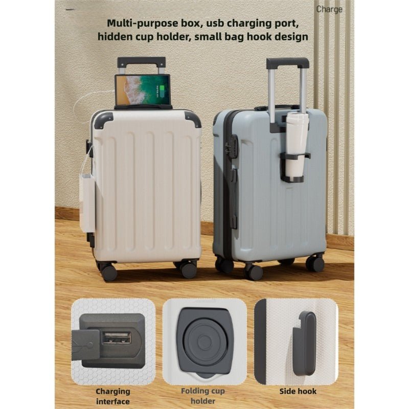 Valise Multifonctionnelle 20-24 Pouces, Roues Silencieuses, Ports USB, Porte-Gobelet Pliable, Crochets Latéraux, Adaptée Voyage d'Affaires, Légère et Pliable - IVOIRART.COM