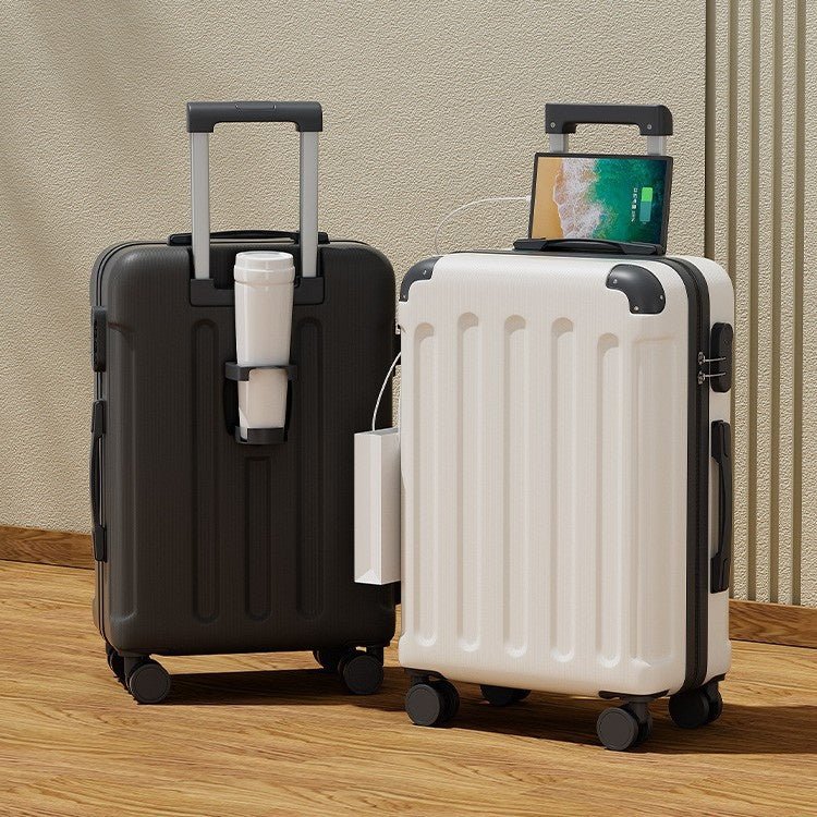 Valise Multifonctionnelle 20-24 Pouces, Roues Silencieuses, Ports USB, Porte-Gobelet Pliable, Crochets Latéraux, Adaptée Voyage d'Affaires, Légère et Pliable - IVOIRART.COM