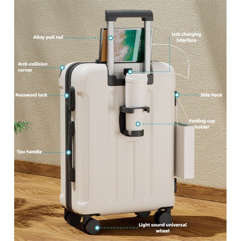 Valise Multifonctionnelle 20-24 Pouces, Roues Silencieuses, Ports USB, Porte-Gobelet Pliable, Crochets Latéraux, Adaptée Voyage d'Affaires, Légère et Pliable - IVOIRART.COM
