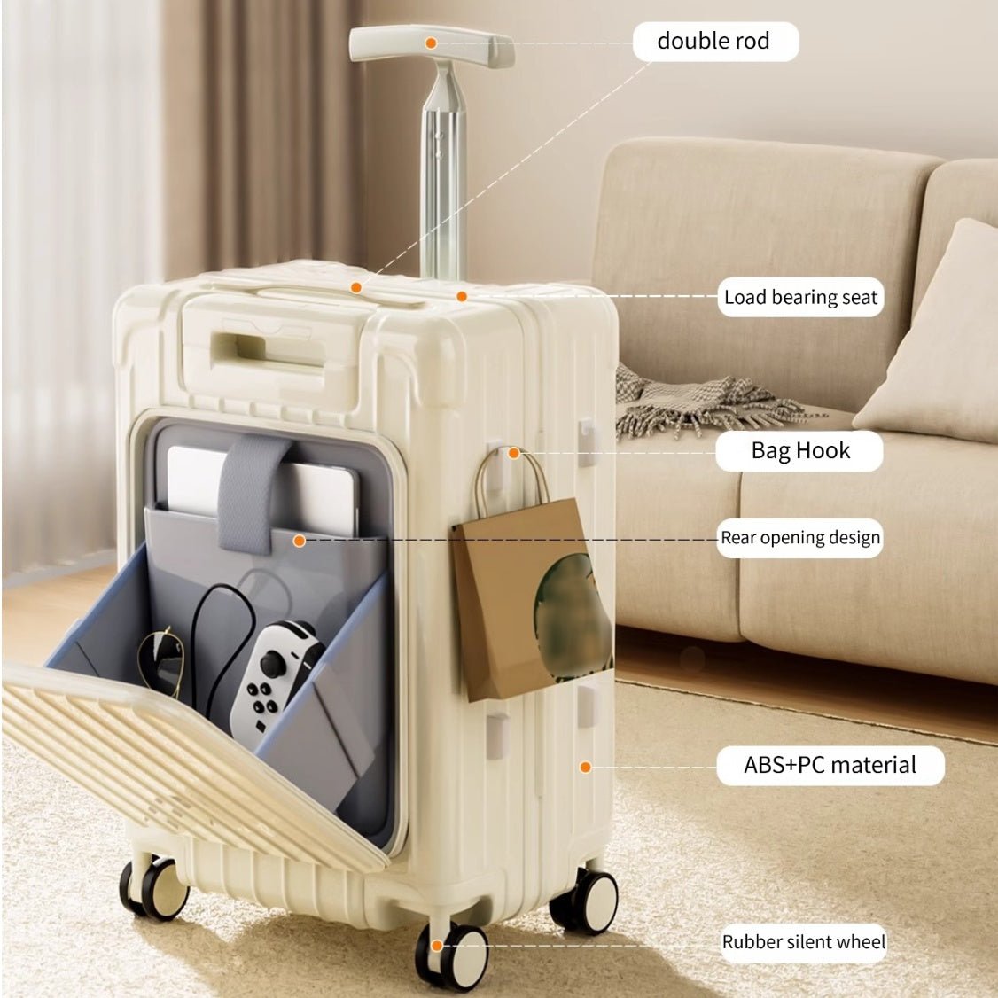 Valise Portable à Double Poteau, Bagage Maman, Valise Enfant à Roulettes Assises, Ouverture Avant, Roues Silencieuses, Séparation Humide/Sèche, Poignée en T - IVOIRART.COM