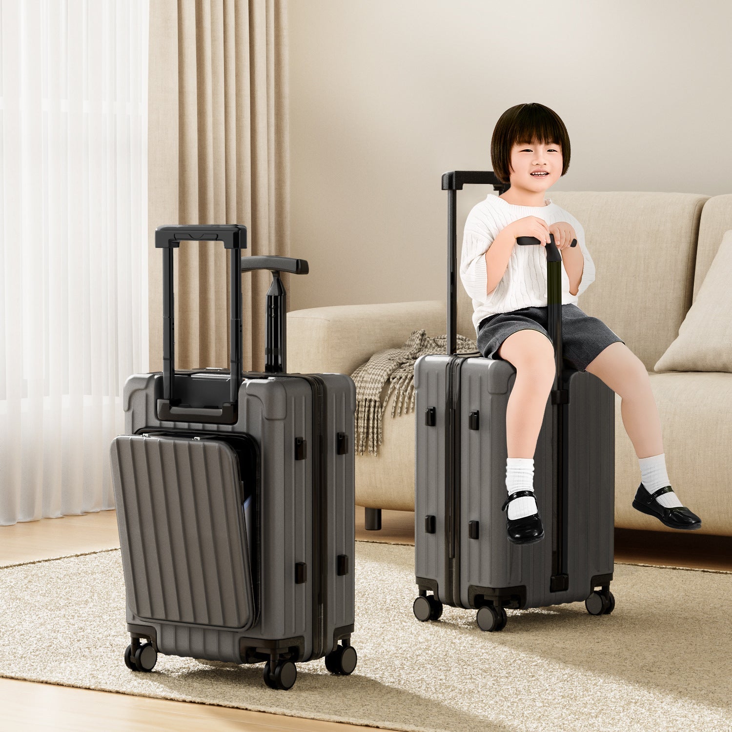 Valise Portable à Double Poteau, Bagage Maman, Valise Enfant à Roulettes Assises, Ouverture Avant, Roues Silencieuses, Séparation Humide/Sèche, Poignée en T - IVOIRART.COM