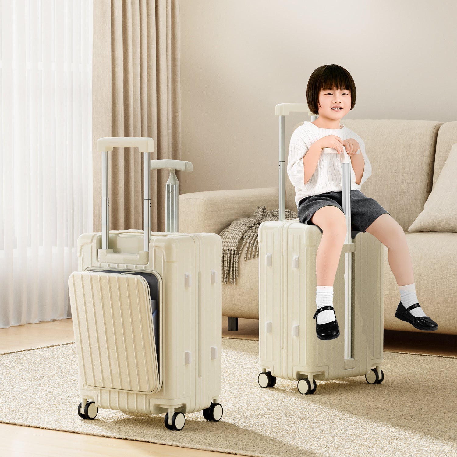 Valise Portable à Double Poteau, Bagage Maman, Valise Enfant à Roulettes Assises, Ouverture Avant, Roues Silencieuses, Séparation Humide/Sèche, Poignée en T - IVOIRART.COM