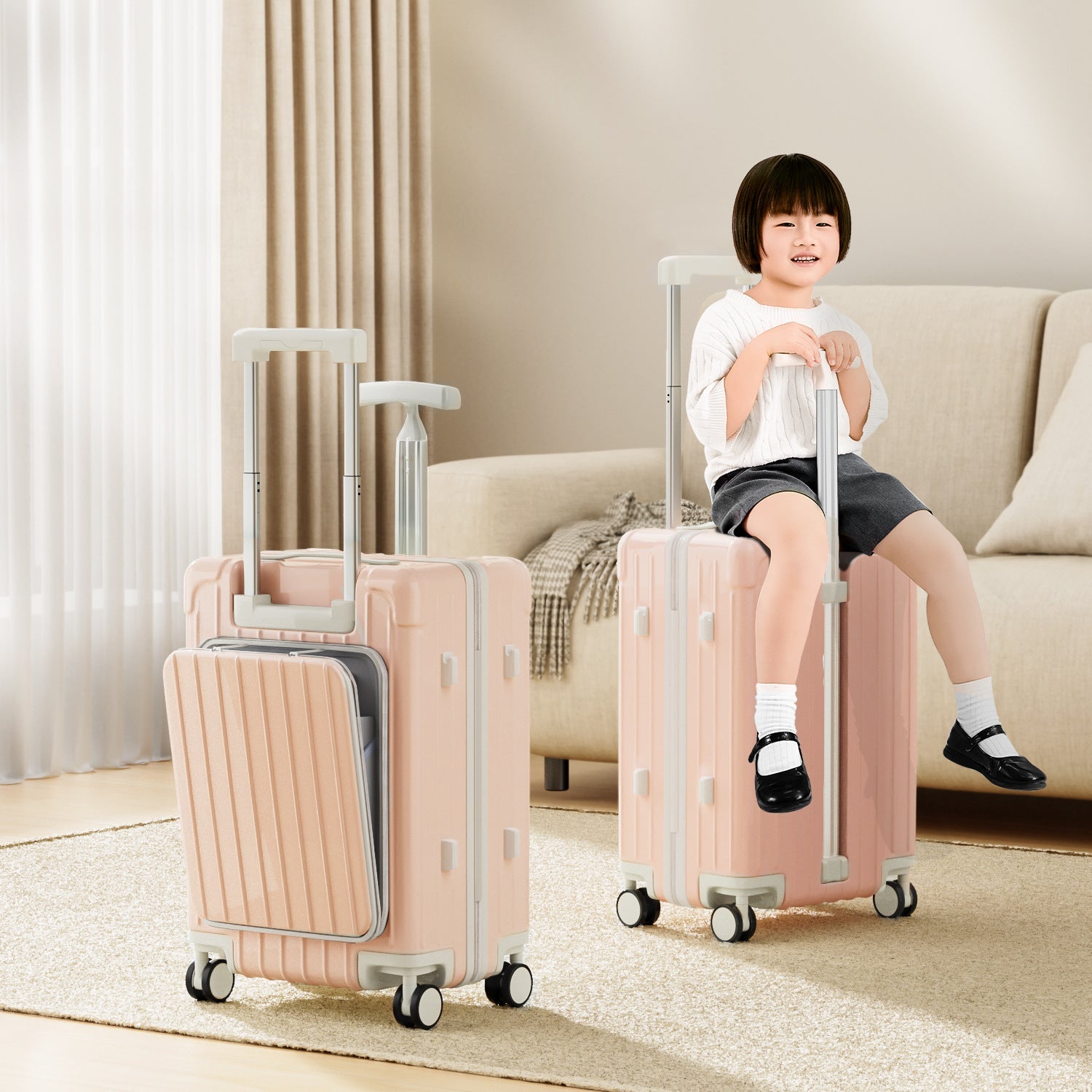 Valise Portable à Double Poteau, Bagage Maman, Valise Enfant à Roulettes Assises, Ouverture Avant, Roues Silencieuses, Séparation Humide/Sèche, Poignée en T - IVOIRART.COM