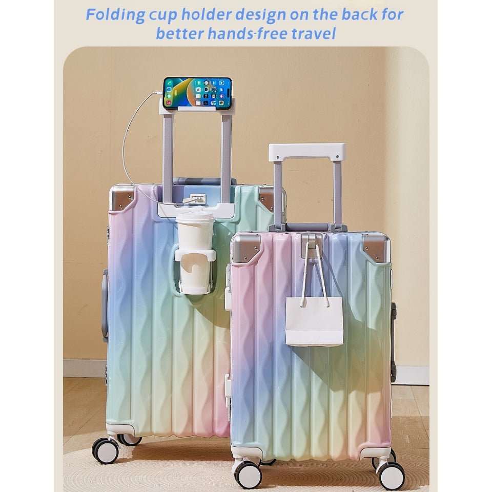 Valise rigide à cadre en aluminium, colorée et tendance, sans fermeture éclair, serrure TSA, porte-gobelet avec interface USB, boîte de voyage robuste à cadre en aluminium, coffre à code durable - IVOIRART.COM