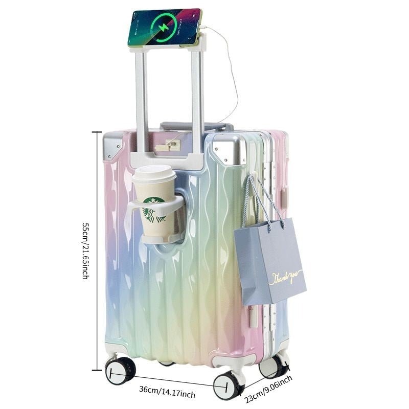 Valise rigide à cadre en aluminium, colorée et tendance, sans fermeture éclair, serrure TSA, porte-gobelet avec interface USB, boîte de voyage robuste à cadre en aluminium, coffre à code durable - IVOIRART.COM