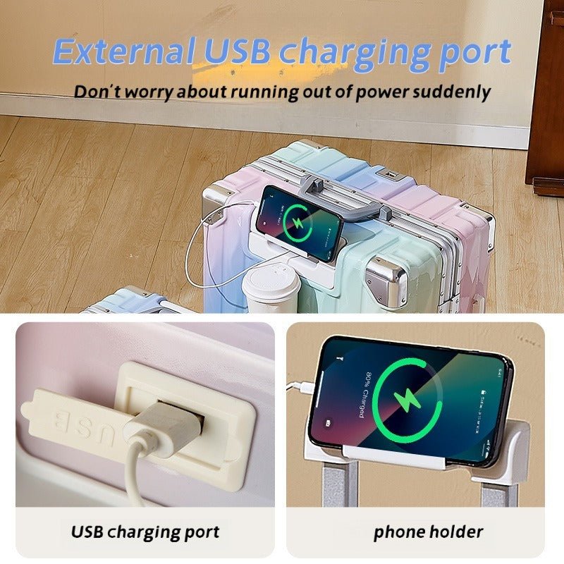 Valise rigide à cadre en aluminium, colorée et tendance, sans fermeture éclair, serrure TSA, porte-gobelet avec interface USB, boîte de voyage robuste à cadre en aluminium, coffre à code durable - IVOIRART.COM