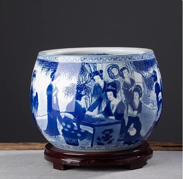 Vasque décorative peinte à la main bleu et blanc pour salon — céramique chinoise! - IVOIRART.COM