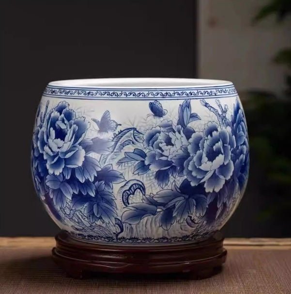 Vasque décorative peinte à la main bleu et blanc pour salon — céramique chinoise! - IVOIRART.COM