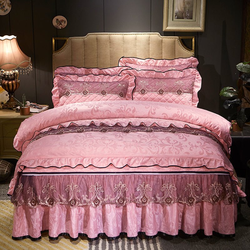 Velvet Bed Skirt Four-piece Quilted Padded Bed Cover Bedspread - IVOIRART.COM