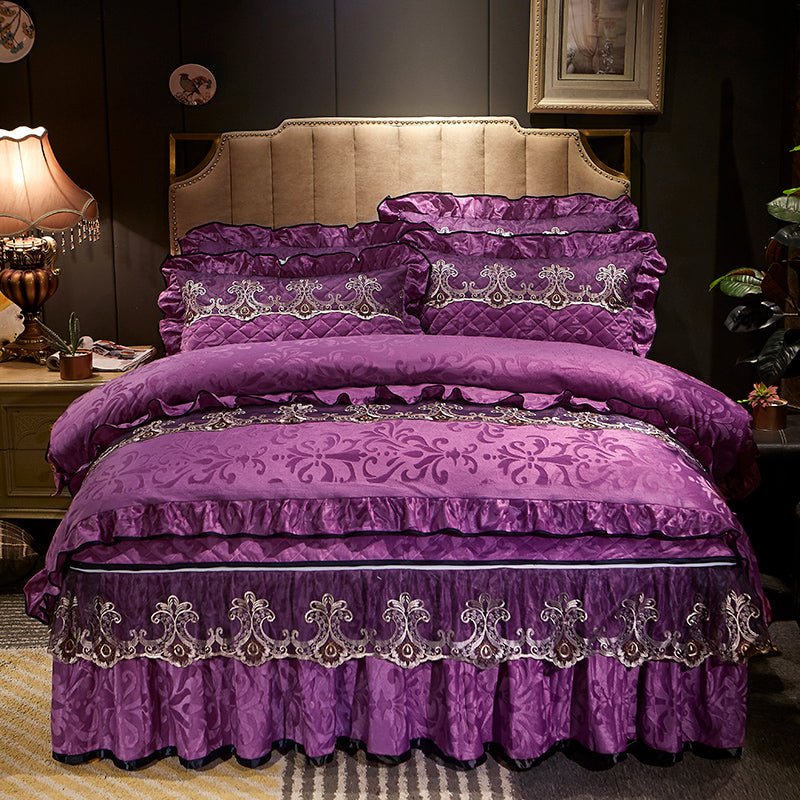 Velvet Bed Skirt Four-piece Quilted Padded Bed Cover Bedspread - IVOIRART.COM