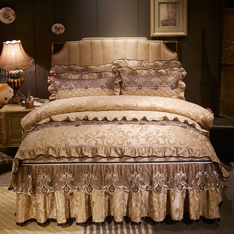 Velvet Bed Skirt Four-piece Quilted Padded Bed Cover Bedspread - IVOIRART.COM