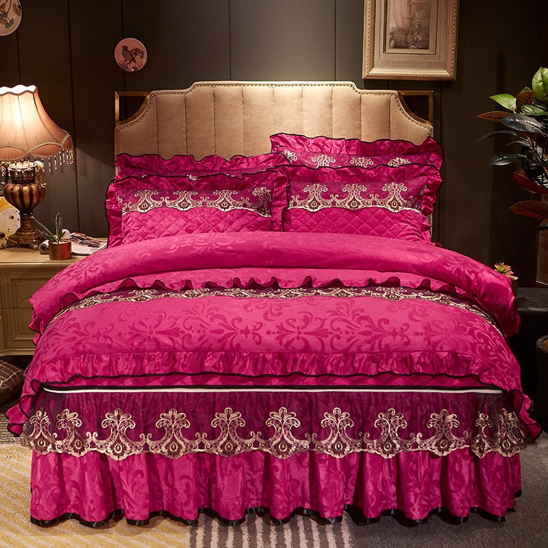 Velvet Bed Skirt Four-piece Quilted Padded Bed Cover Bedspread - IVOIRART.COM