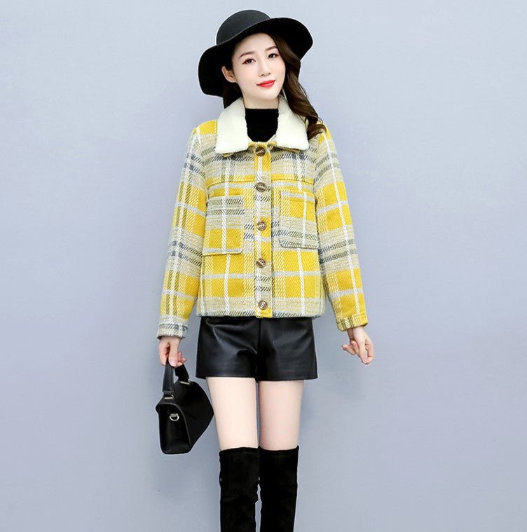 Veste à Carreaux Épaissie en Tweed et Velours pour Femme, Style Élégant et cosy. - IVOIRART.COM