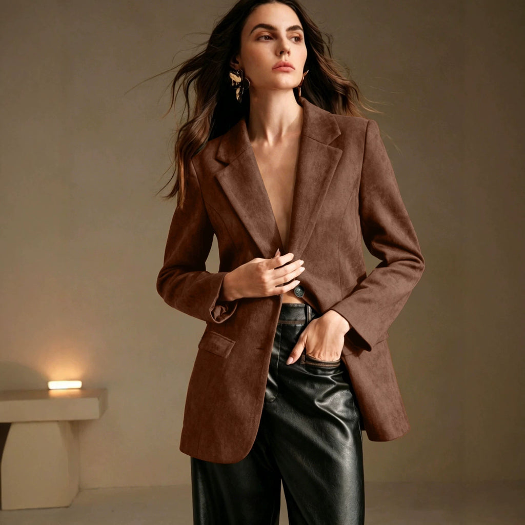 Veste blazer croisée en velours suédé avec poches à rabat et manches longues uni - IVOIRART.COM