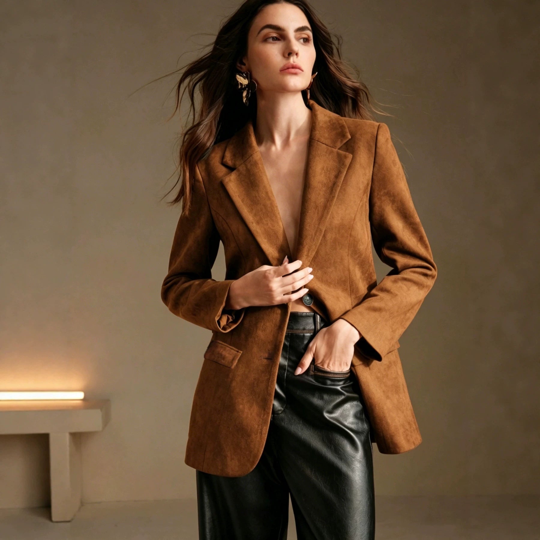 Veste blazer croisée en velours suédé avec poches à rabat et manches longues uni - IVOIRART.COM