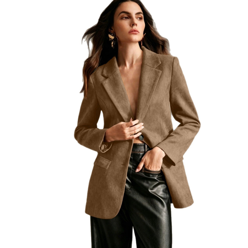 Veste blazer croisée en velours suédé avec poches à rabat et manches longues uni - IVOIRART.COM