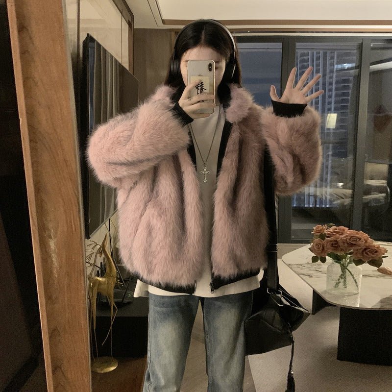 Veste courte ample style américain à capuche rétro, doublée en shearling épais M - IVOIRART.COM