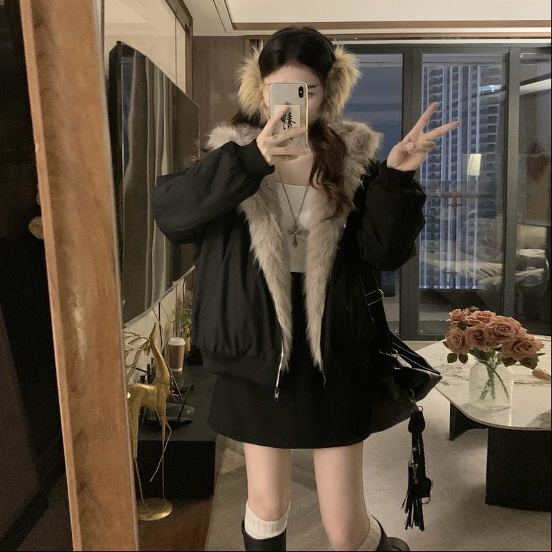 Veste courte ample style américain à capuche rétro, doublée en shearling épais M - IVOIRART.COM