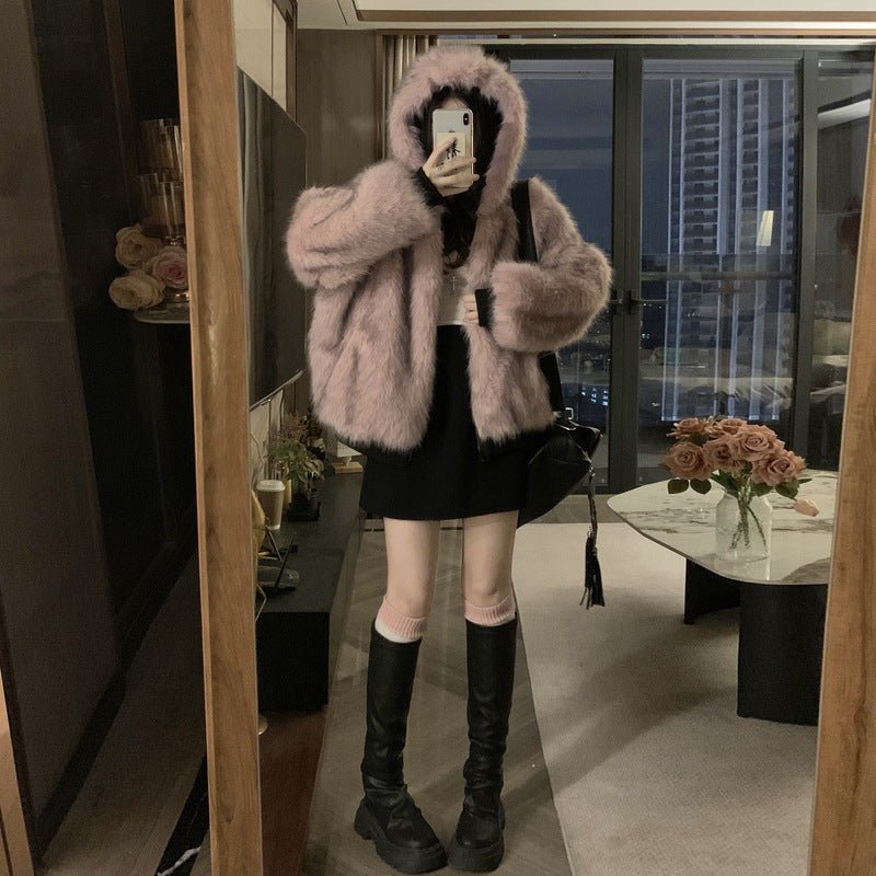 Veste courte ample style américain à capuche rétro, doublée en shearling épais M - IVOIRART.COM