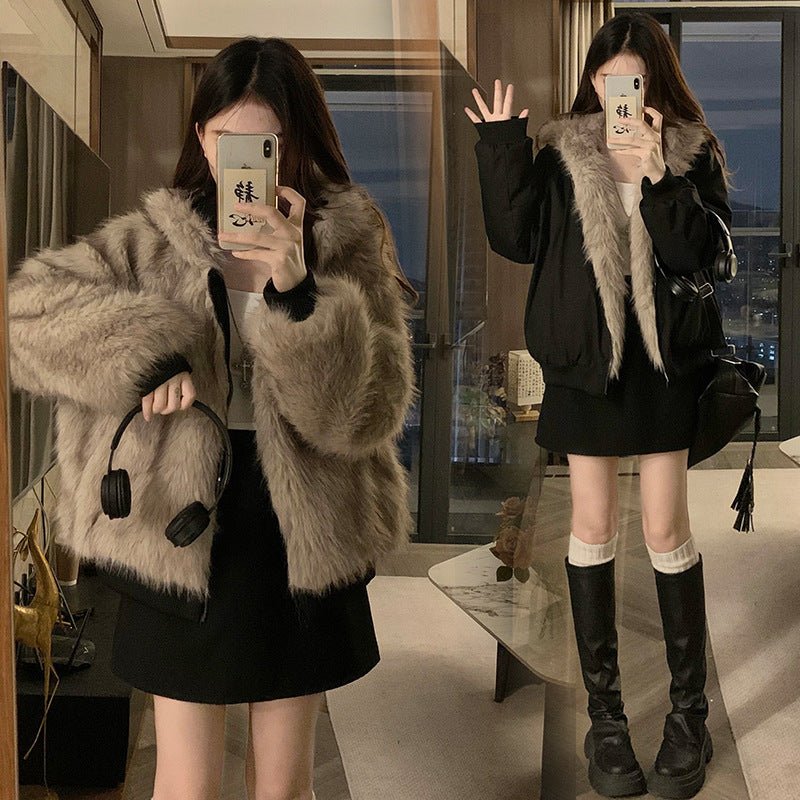 Veste courte ample style américain à capuche rétro, doublée en shearling épais M - IVOIRART.COM